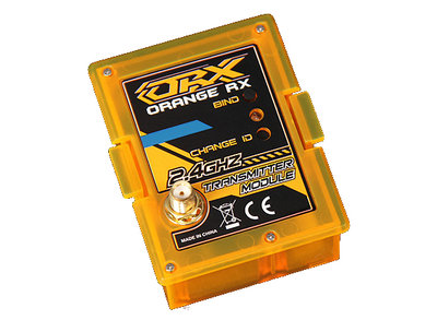 OrangeRX DSMX/DSM2 Compatible 2.4Ghz Transmitter Module (JR/Turnigy compatible) front view, courtesy of hobbyking.com, mirrored for reference only