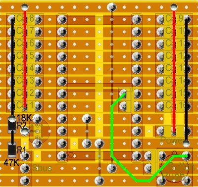 This is the bottom side of the board.The green wire connects pin A4 to the failsafe switch. Please note that the A4 and A5 connections on the Arduino Pro Mini don't line up with the holes on the board.. I had to solder 2 pins to the vias, and then bend them a bit backwards to line them up with the board.. You will see what I mean when you build it ;). Please note the RED and BLACK lines.They are the power rails connecting all the +V and GROUIND on all servo connections I used a little bit of single wire and soldered it at the same time I soldered the pins as you can see on the other picture above.